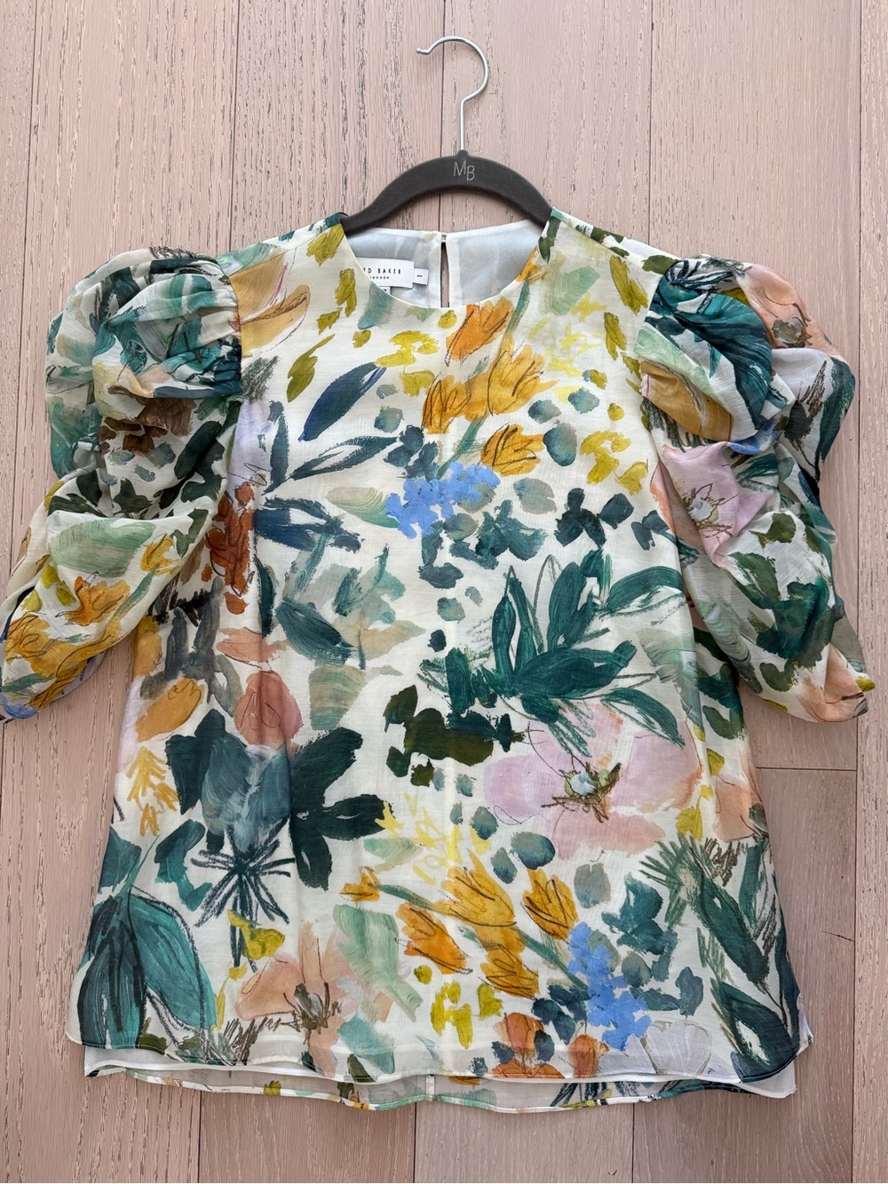 Ted Baker Watercolor Floral Puff-Sleeve Blouse in Green, Yellow & Pink
